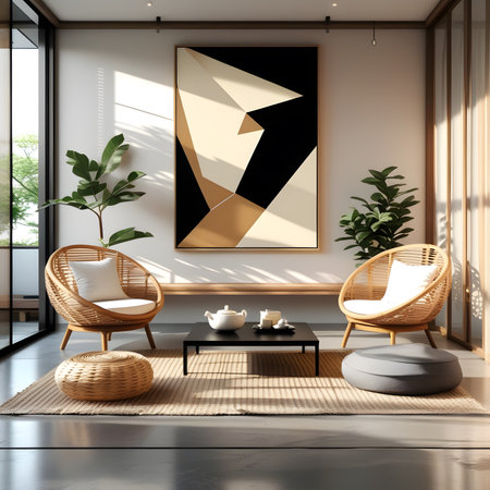 Interior of modern living room with white walls, concrete floor, 3d renderの素材