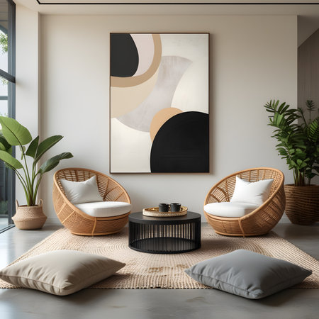 Interior of modern living room with white walls, concrete floor, comfortable wicker armchairs and round coffee table with cushions. 3d renderingの素材