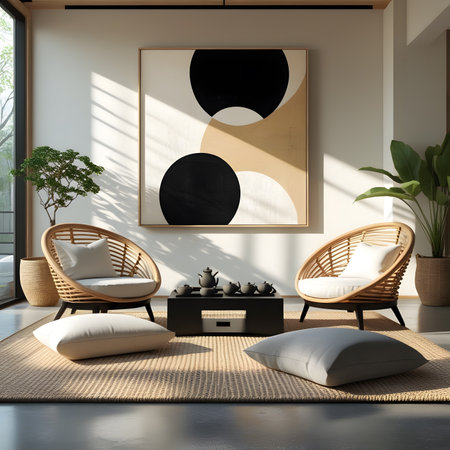 Interior of modern living room with white walls, concrete floor, black and white armchairs standing near round coffee table with cushions. 3d renderingの素材