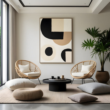 Interior of modern living room with beige and white walls, concrete floor, round coffee tables and wicker chairs. 3d renderingの素材