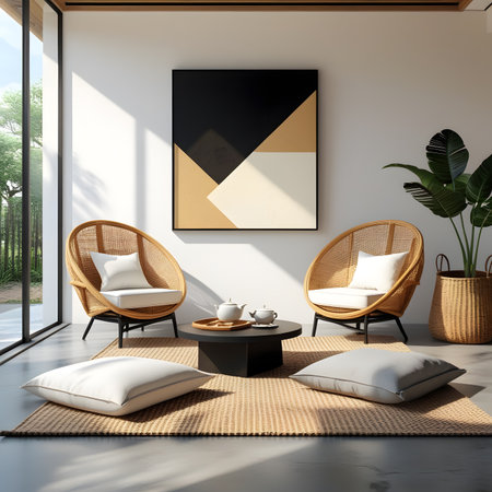 Interior of modern living room with white walls, concrete floor, long brown armchairs standing near round coffee table and black poster. 3d renderingの素材
