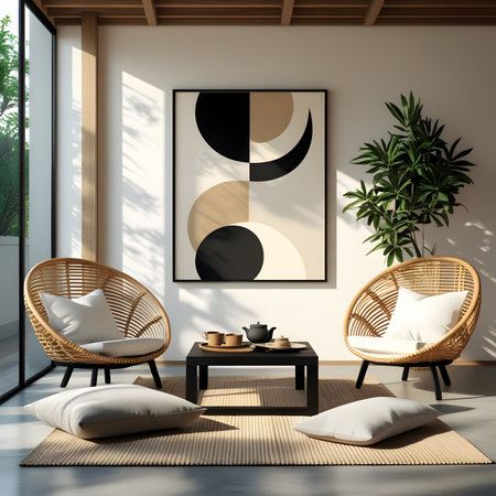 Interior of modern living room with white walls, concrete floor, comfortable armchairs standing near round coffee table with cushions and poster. 3d renderingの素材