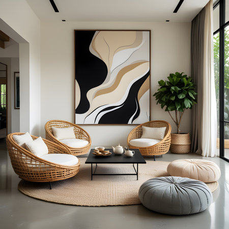 Interior of modern living room with brown and white walls, concrete floor, round coffee table and wicker armchairs. 3d renderの素材