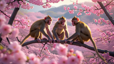 Monkey and Cherry blossoms in Chiangmai, Thailandの素材