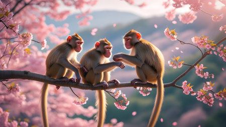 Monkey family sitting on the tree and looking at sakura flowersの素材