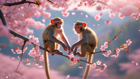 Monkey and cherry blossom in spring season,3d renderingの素材