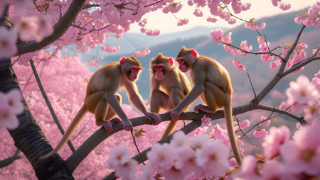 Monkey and Cherry blossom in Chiangmai, Thailandの素材