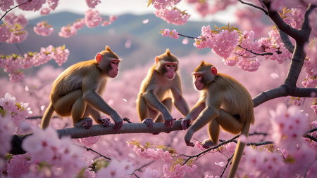 Monkeys and Cherry blossoms in full bloom in Kamakura, Japanの素材