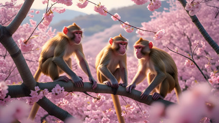 Monkey and cherry blossom in Chiangmai, Thailandの素材