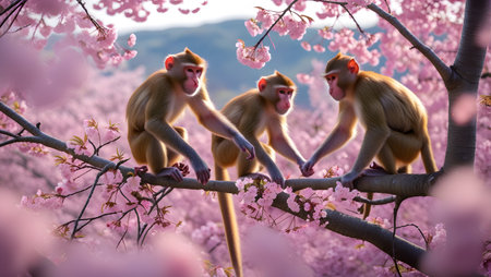 Monkey and Cherry blossom in full bloom in Kamakura, Japanの素材