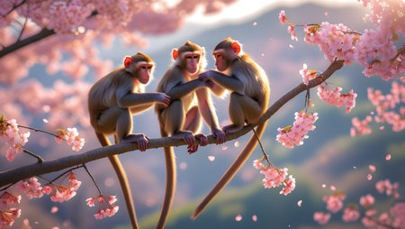 Monkey family on Cherry blossom sakura background, Thailand.の素材