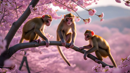 Monkey on the tree with pink sakura blossom background.の素材