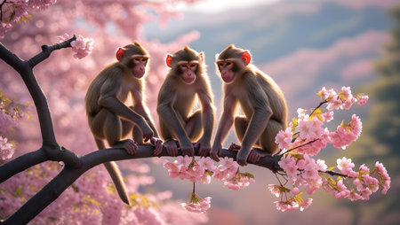 Monkey family on a branch of a blooming sakura treeの素材