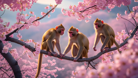 Monkey and cherry blossom in Chiangmai, Thailandの素材