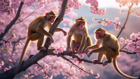 Monkey and cherry blossom in spring,3d rendering.の素材