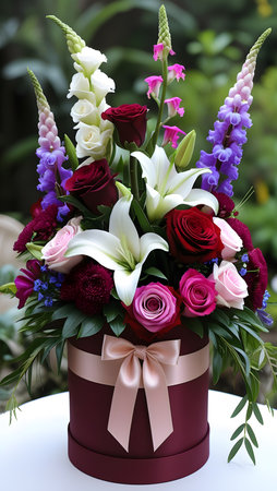 Beautiful bouquet of mixed flowers in a gift box on the tableの素材