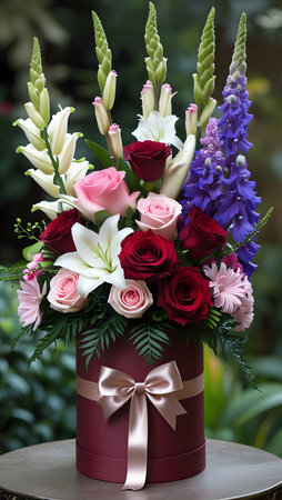 Beautiful bouquet of flowers in a gift box on the tableの素材