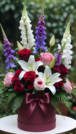 Colorful bouquet of flowers in a gift box on the tableの素材