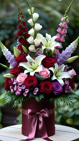 Bouquet of flowers in a red box with a bow.の素材