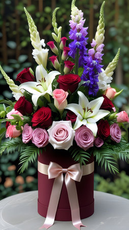 Beautiful bouquet of flowers in a gift box on the tableの素材