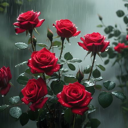 Beautiful red roses with rain drops on dark background. Valentine's day concept.の素材