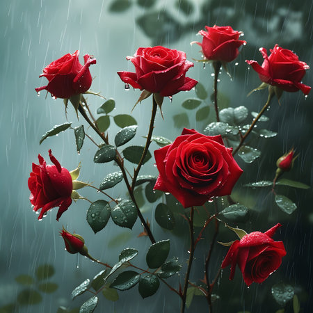Beautiful red roses with drops of water in the rain. Floral background.の素材