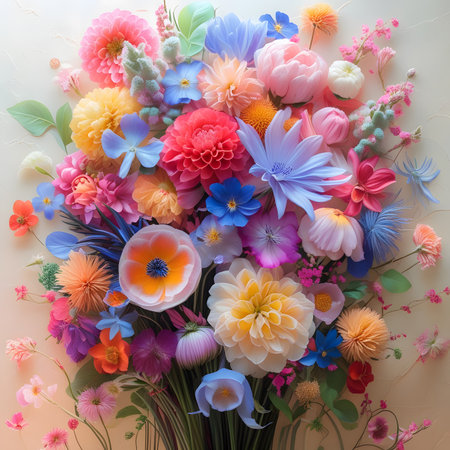Bouquet of colorful flowers. Flat lay, top view.の素材
