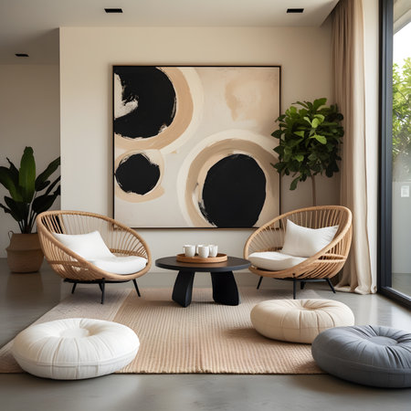Interior of modern living room with beige walls, concrete floor, comfortable armchairs and round coffee tables. 3d renderの素材