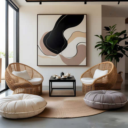 Modern living room interior with armchairs, coffee table and abstract painting. 3D Renderingの素材