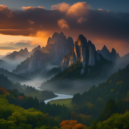 Beautiful autumn landscape in the mountains. Sunrise in the mountains.の素材