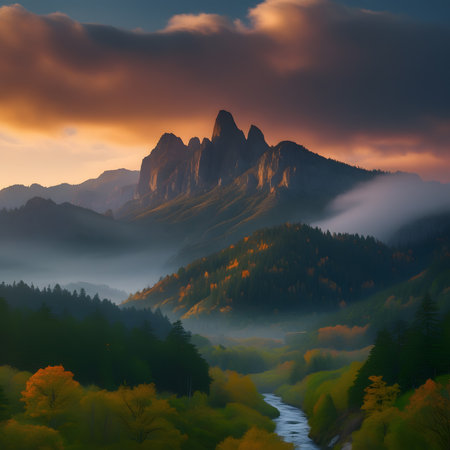 Colorful autumn landscape in the mountains. Sunrise in the mountains.の素材