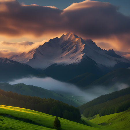 Mountain landscape at sunset. Dramatic sky. Alps, Switzerlandの素材
