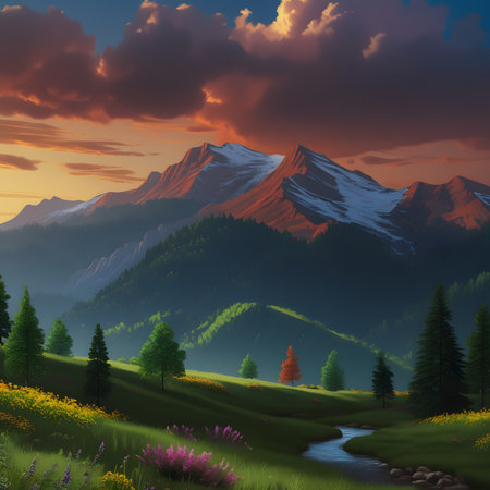 Mountain landscape with meadow and forest at sunset. Vector illustrationの素材