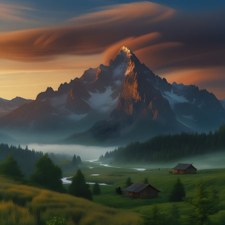 Mountain landscape with alpine hut at sunset. 3D renderingの素材