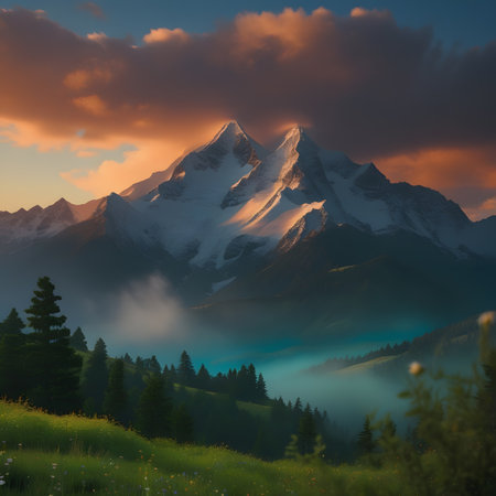 Mountain landscape with blue sky and clouds. Sunrise in the mountainsの素材