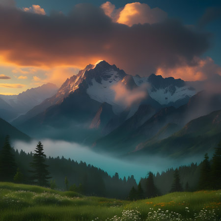 Mountain landscape at sunset. Mountain peaks and grassy meadow.の素材