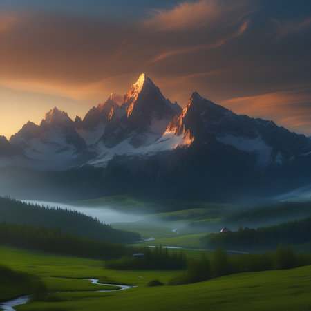 Mountain landscape at sunset. Panoramic view of the mountains.の素材