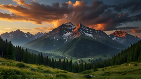 Sunset in the mountains. Panoramic view of the Alps.の素材