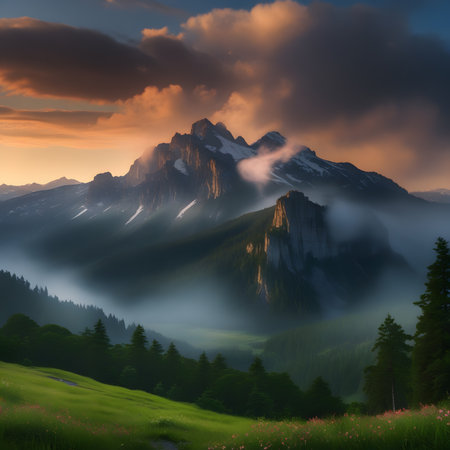 Foggy summer sunrise in the Dolomites mountains, Italyの素材