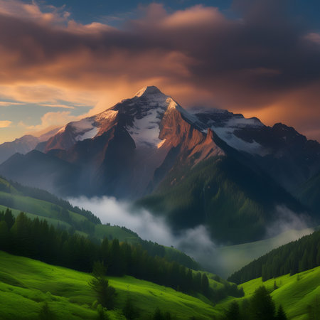 Mountain landscape at sunset with clouds and fog. Beautiful natural backgroundの素材