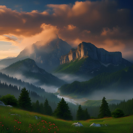 Mountain landscape with fog and clouds. Sunrise over the lake.の素材