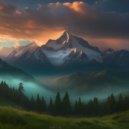 Mountain landscape at sunset. Mountain range in the clouds. Beautiful natural backgroundの素材