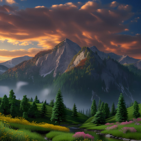 Sunset in the mountains. Landscape with meadow and forestの素材
