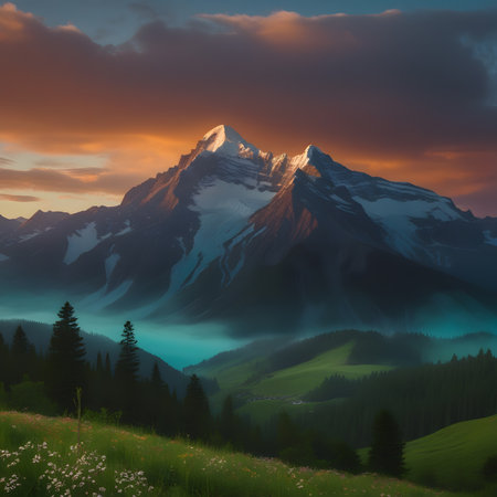 Beautiful mountain landscape with blue sky and clouds. 3d renderingの素材