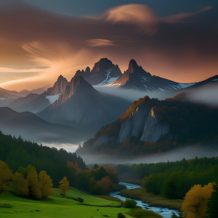 Foggy morning in the mountains. Colorful autumn landscape.の素材