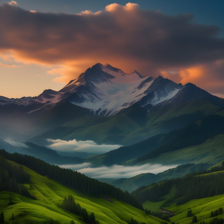 Mountain landscape at sunset with clouds in the sky. 3d renderの素材