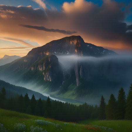 Foggy morning in the mountains. Summer landscape with meadow and fog.の素材
