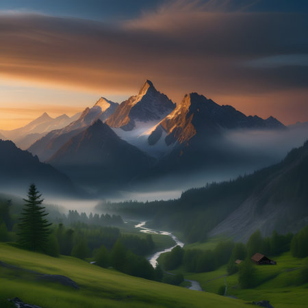 Foggy mountain landscape at sunrise. Colorful natural background.の素材