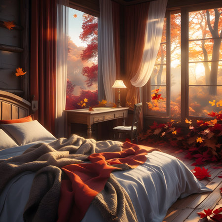 3d rendering of a cozy bedroom with autumn leaves in the backgroundの素材