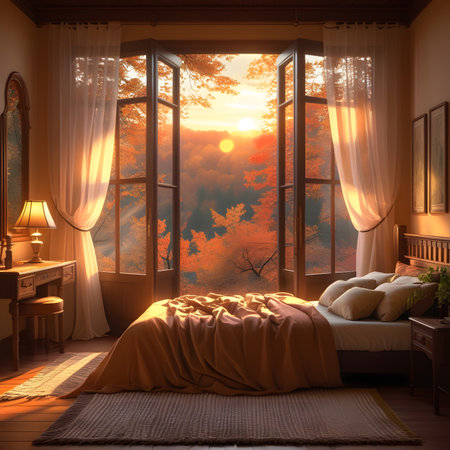 Bedroom interior with big window and sunset. 3D rendering.の素材